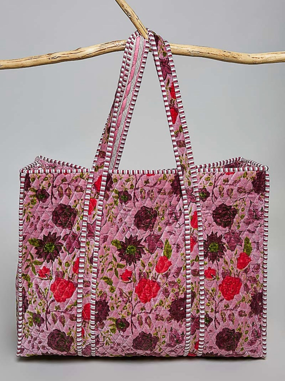 POL Pink Plum Floral Quilted Velvet Tote Bag | Oversized Shopper